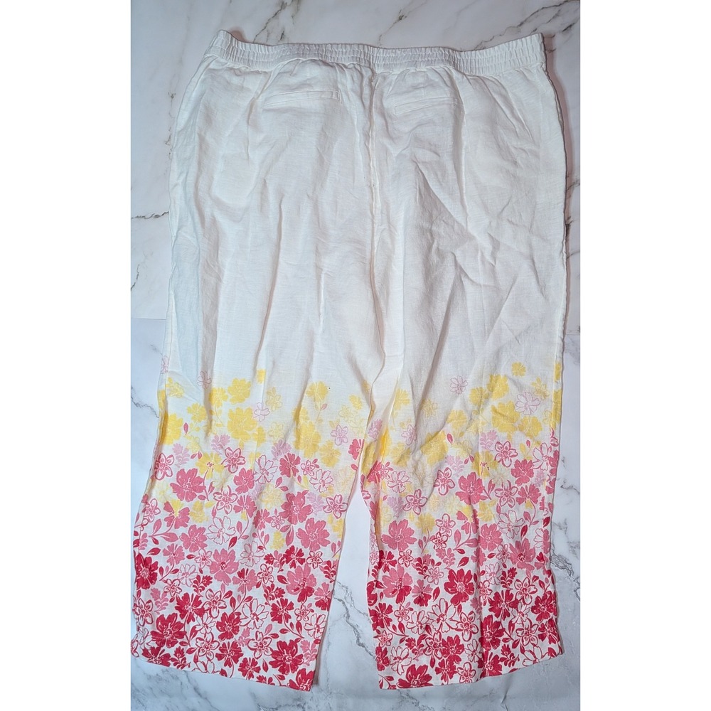 Charter Club Luxury White 100% Linen Floral Border Print Crop Pants Womens XXL